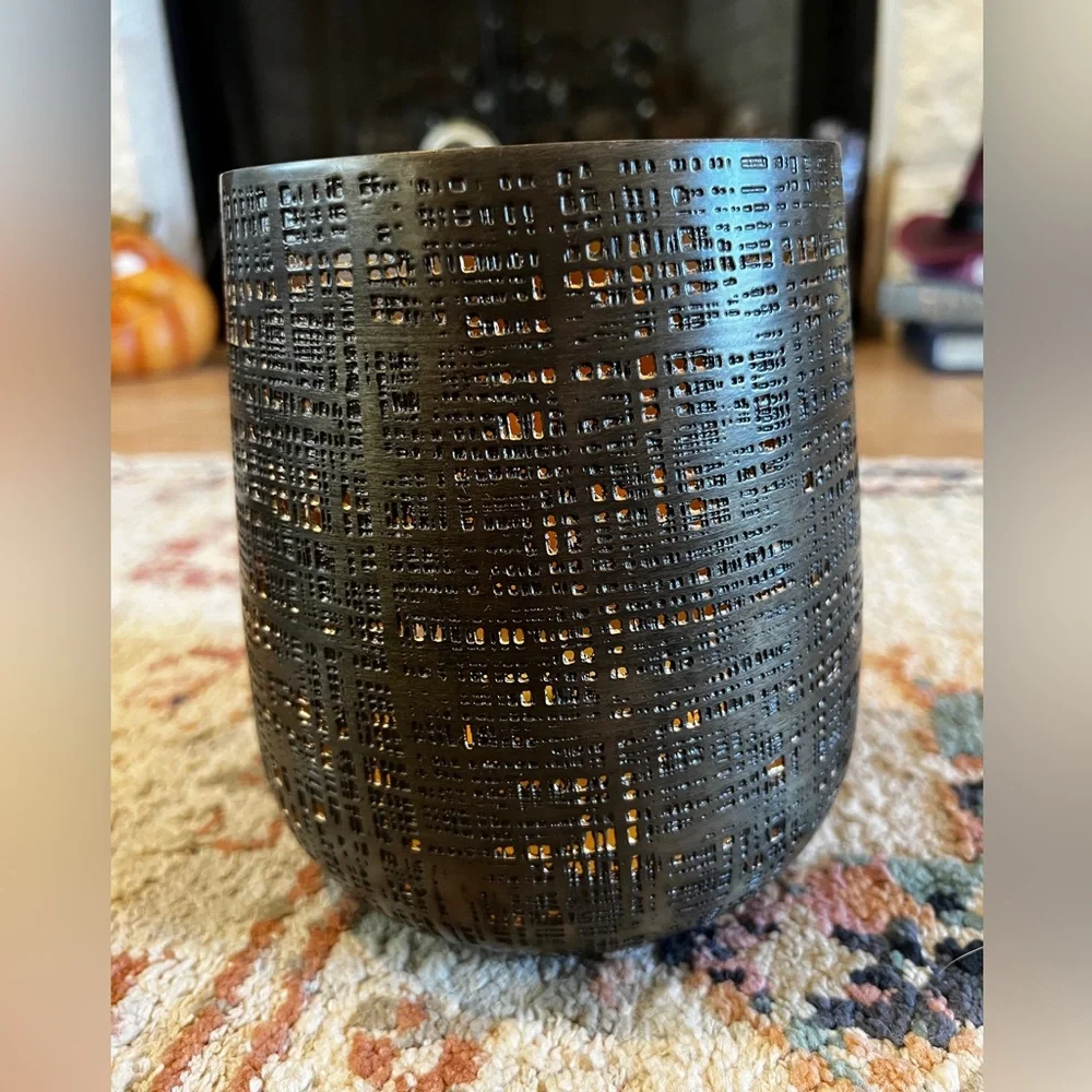World Market Antique Pewter Tapered Crosshatch Textured Brown Candle Holder